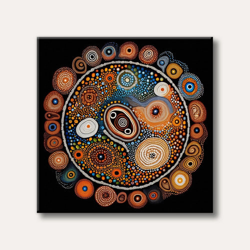 A visually rich image displaying a circular mandala pattern created with numerous small, vibrant dots and concentric circles, reminiscent of Indigenous Australian dot painting, set against a black background.