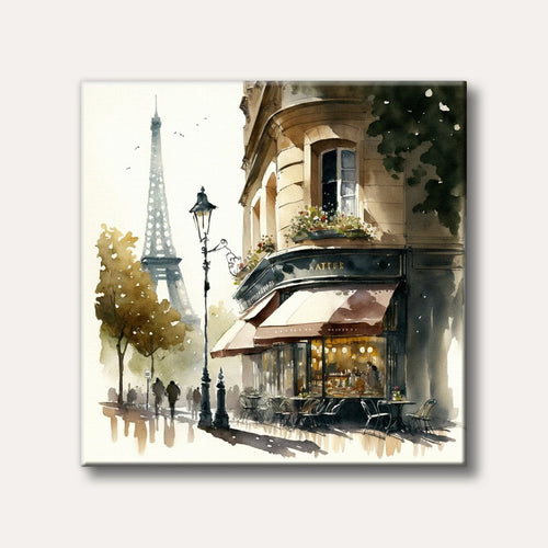 A watercolour painting depicting a charming Parisian street cafe with outdoor seating and the Eiffel Tower in the background, exuding a warm and inviting mood.