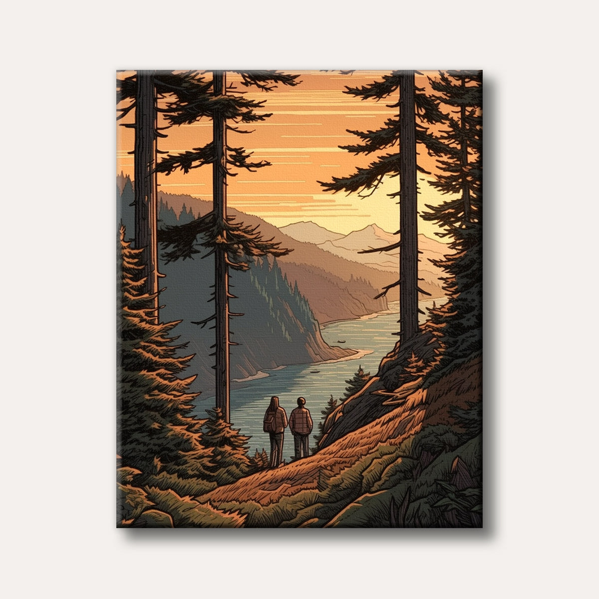 A stylized illustration of two people standing on a mountain overlooking a vast lake and distant mountains at sunset, framed by tall pine trees.