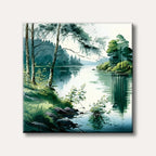 A serene watercolour painting of a calm lake surrounded by lush green trees and distant hills, with clear reflections on the water.