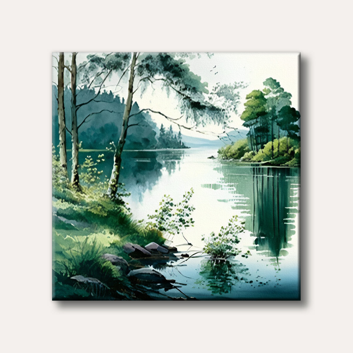 A serene watercolour painting of a calm lake surrounded by lush green trees and distant hills, with clear reflections on the water.