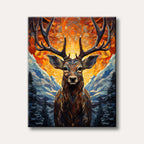 A majestic stag with intricate antlers is depicted in a vibrant stained-glass mosaic art style, set against a dramatic backdrop of snowy mountains and a brilliant, radiating sunset.