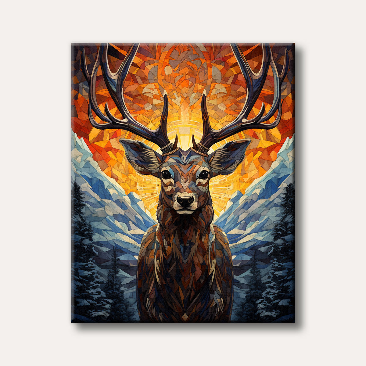 A majestic stag with intricate antlers is depicted in a vibrant stained-glass mosaic art style, set against a dramatic backdrop of snowy mountains and a brilliant, radiating sunset.
