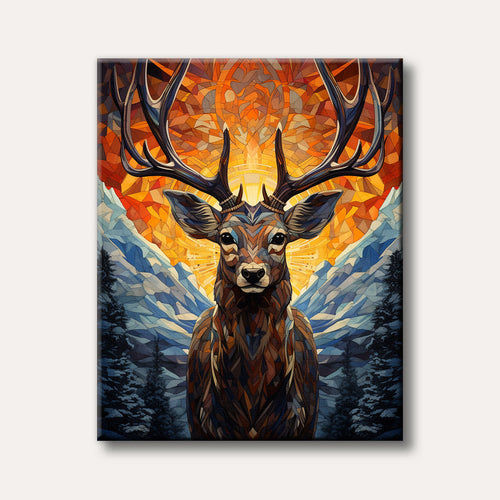 A majestic stag with intricate antlers is depicted in a vibrant stained-glass mosaic art style, set against a dramatic backdrop of snowy mountains and a brilliant, radiating sunset.