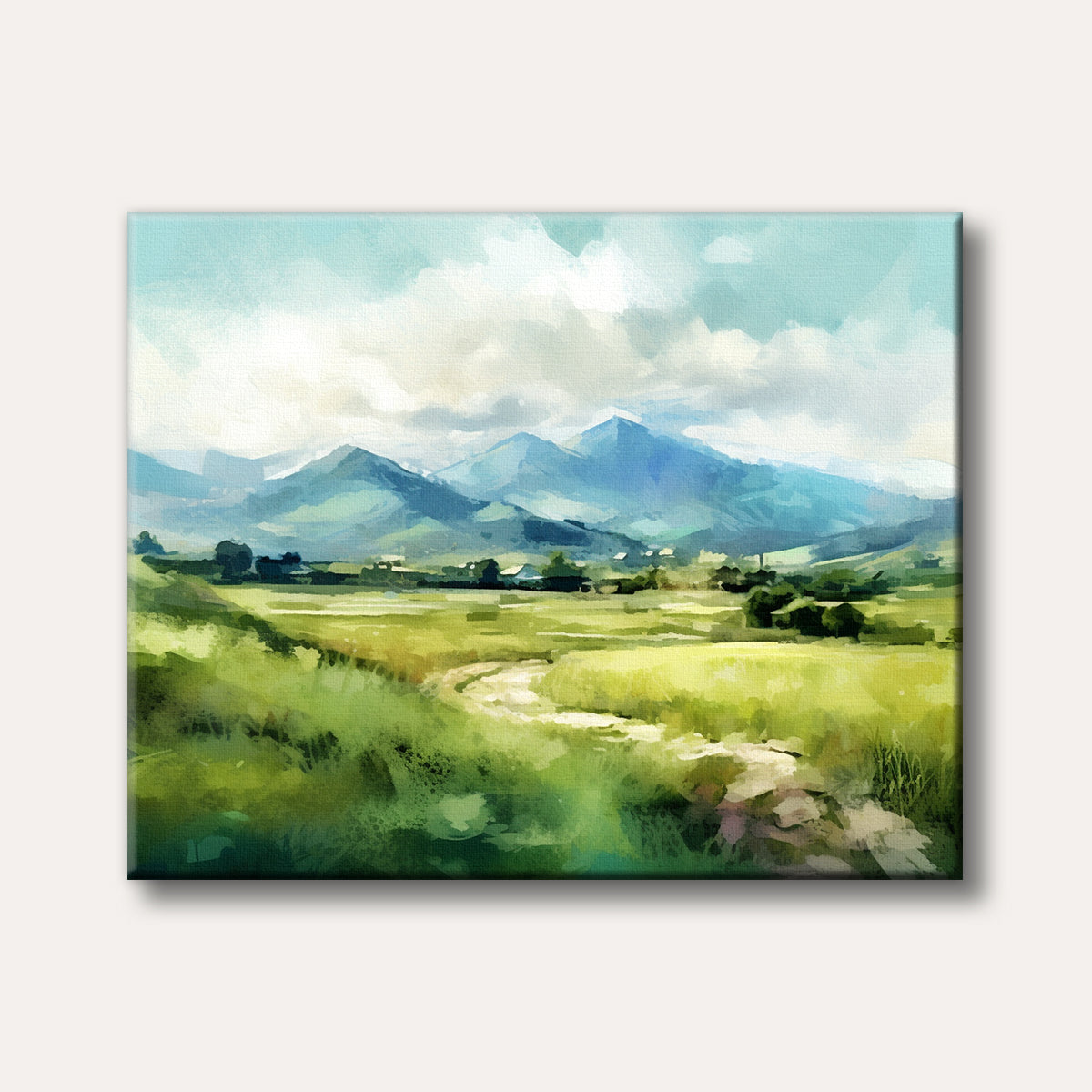 A serene landscape painting depicting a winding path through lush green fields with distant blue mountains under a cloudy sky, rendered in a broad, painterly style.