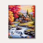 A vibrant painting of a rustic cabin situated by a cascading river with waterfalls, framed by richly coloured red and orange autumn trees under a twilight sky.