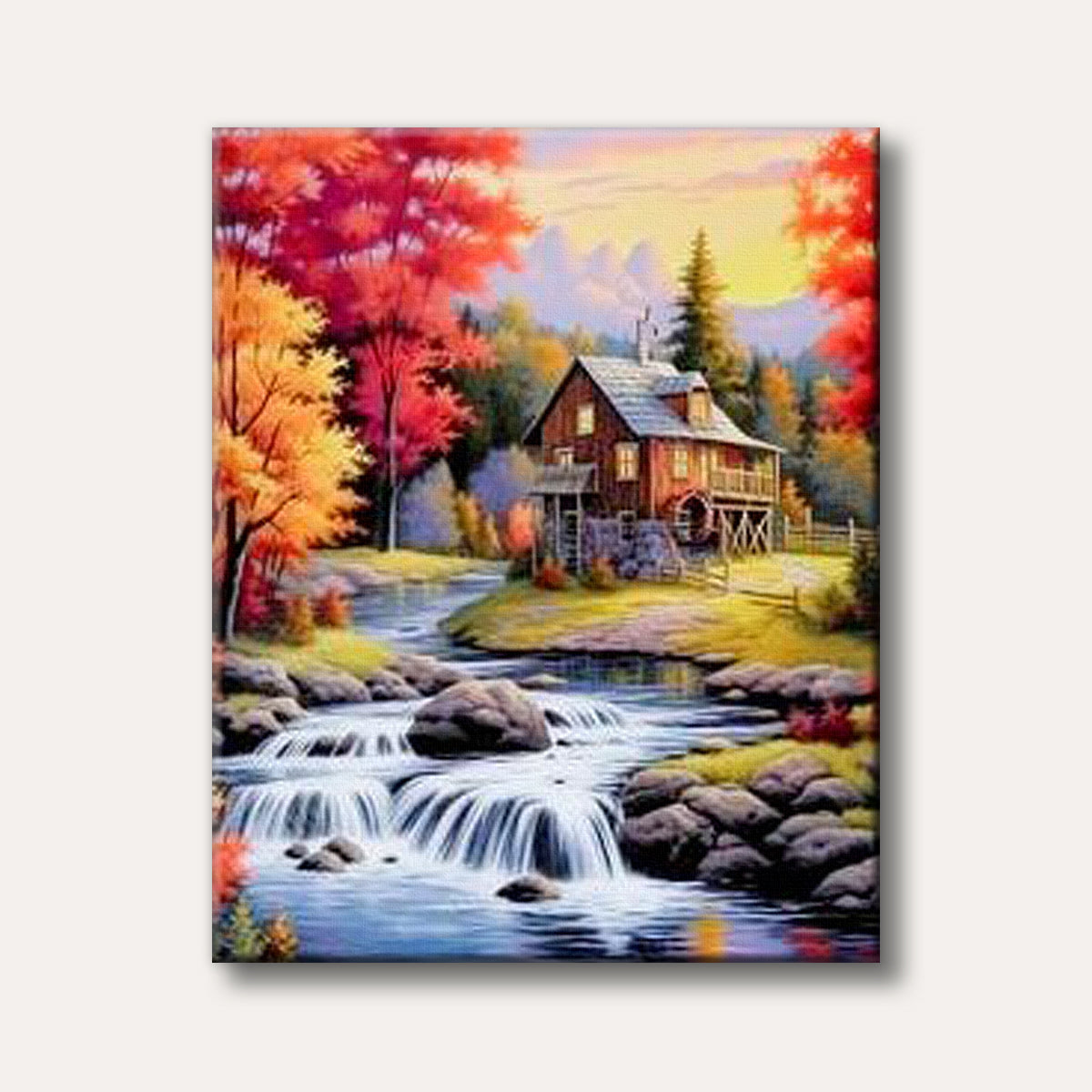 A vibrant painting of a rustic cabin situated by a cascading river with waterfalls, framed by richly coloured red and orange autumn trees under a twilight sky.