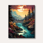 A vibrant landscape painting featuring a river flowing through a rocky, forested canyon under a dramatic orange and red sunset sky with a large central sun, rendered in a stylized, illustrative art style.