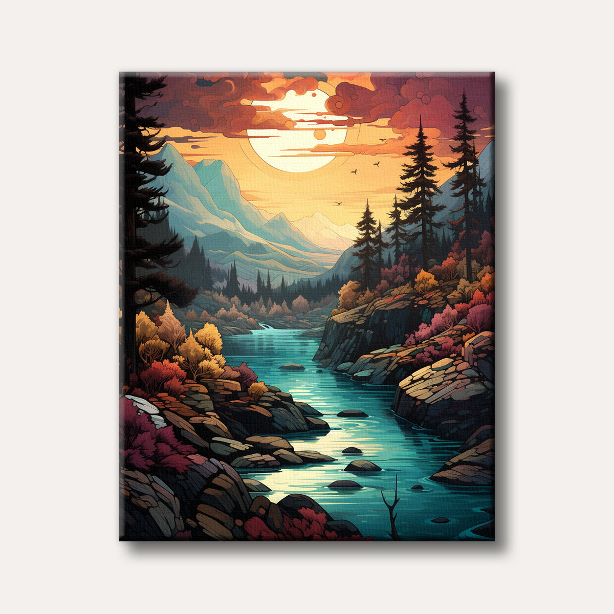 A vibrant landscape painting featuring a river flowing through a rocky, forested canyon under a dramatic orange and red sunset sky with a large central sun, rendered in a stylized, illustrative art style.