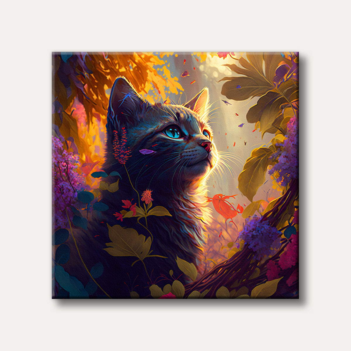 A detailed painting of a cat with bright blue eyes looking towards golden light, surrounded by rich purple and green foliage in an enchanted, painterly style.