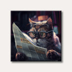 A detailed and whimsical painting depicts a tabby cat with large green eyes, wearing black-rimmed glasses, holding and intently reading a newspaper.