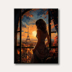 A woman in silhouette views a stunning orange and blue sunset over the Eiffel Tower and Paris cityscape from a balcony, rendered in a stylized, atmospheric digital painting.