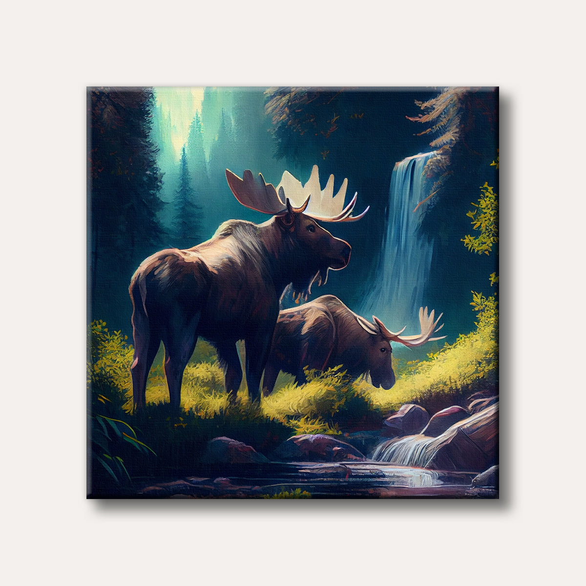 Two large moose, one prominent in the foreground, standing in a lush, sun-dappled forest clearing next to a flowing stream and a tall waterfall, depicted in a painterly style with vibrant colours.
