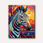 A majestic zebra head and neck painted in a vibrant, multi-coloured pop art style, set against a bright, abstract background with colourful floral elements.