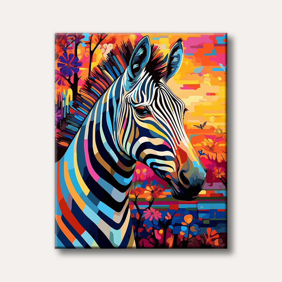 A majestic zebra head and neck painted in a vibrant, multi-coloured pop art style, set against a bright, abstract background with colourful floral elements.