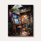 A detailed illustration of a cluttered, cozy room filled with vintage computer equipment, glowing CRT monitors, and numerous vibrant houseplants, rendered in a warm, nostalgic art style.