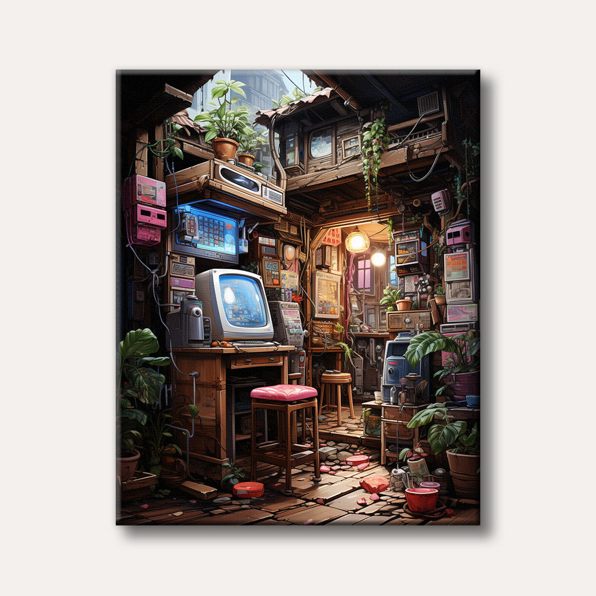 A detailed illustration of a cluttered, cozy room filled with vintage computer equipment, glowing CRT monitors, and numerous vibrant houseplants, rendered in a warm, nostalgic art style.