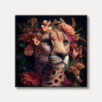 A striking painting depicting a cheetah's head and upper body, adorned with a lush crown of flowers and leaves in warm reds, oranges, and greens against a dark background.