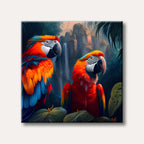 Two colourful macaws with bright red, orange, and blue feathers are perched in a lush, vibrant jungle with a cascading waterfall in the background, depicted in a detailed, painterly style.