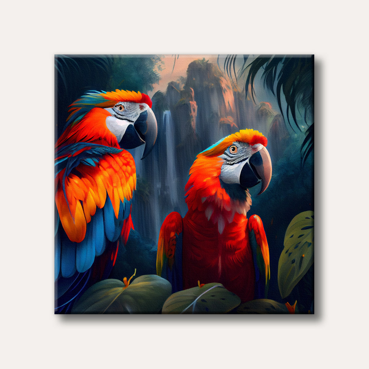 Two colourful macaws with bright red, orange, and blue feathers are perched in a lush, vibrant jungle with a cascading waterfall in the background, depicted in a detailed, painterly style.