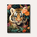 A stylized close-up portrait of a tiger with piercing blue eyes, surrounded by lush pink and orange flowers and green leaves against a dark background.