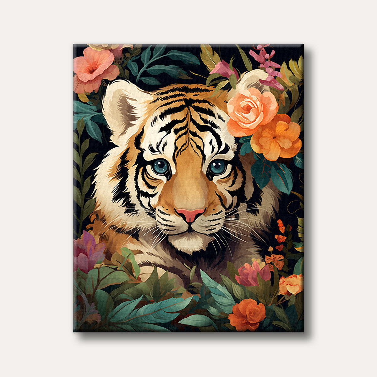 A stylized close-up portrait of a tiger with piercing blue eyes, surrounded by lush pink and orange flowers and green leaves against a dark background.