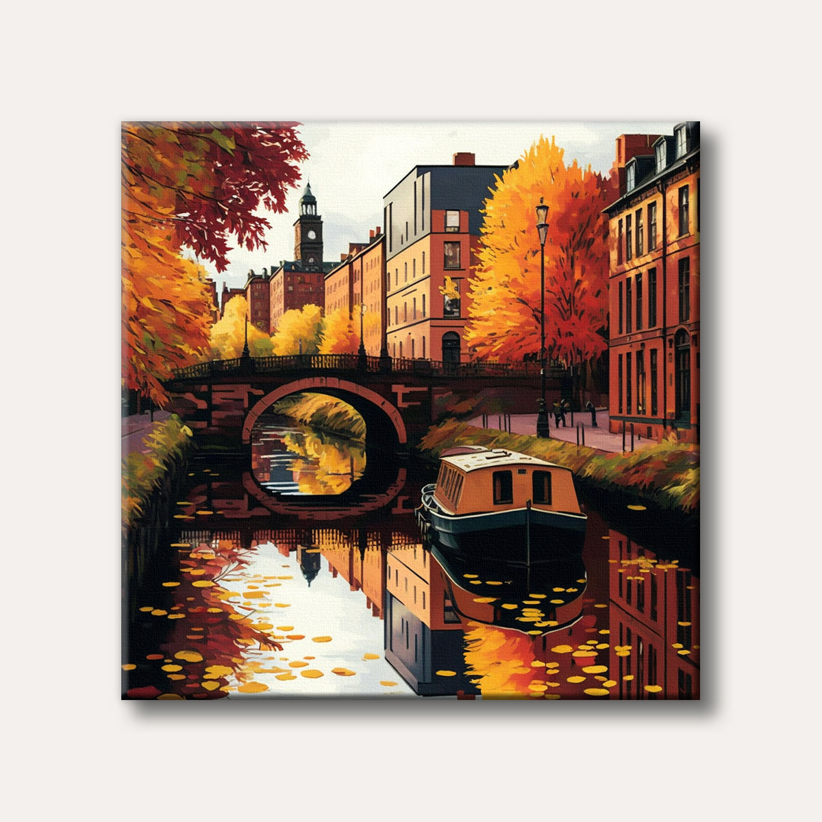 A vibrant autumnal cityscape painting featuring a canal with a boat, an arched bridge, and buildings flanked by trees with fiery red and orange leaves reflected in the water.