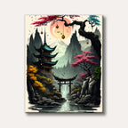 A vibrant, stylized painting of a Japanese pagoda and torii gate by a waterfall with Mount Fuji in the background, set against a sunrise or sunset with cherry blossoms.
