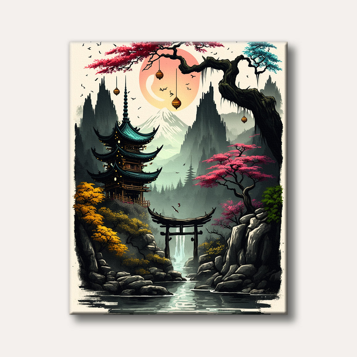 A vibrant, stylized painting of a Japanese pagoda and torii gate by a waterfall with Mount Fuji in the background, set against a sunrise or sunset with cherry blossoms.