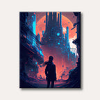 A silhouette of a person standing in a futuristic, neon-lit cyberpunk city under a large, glowing orange planet, depicted in a dramatic, digital art style.