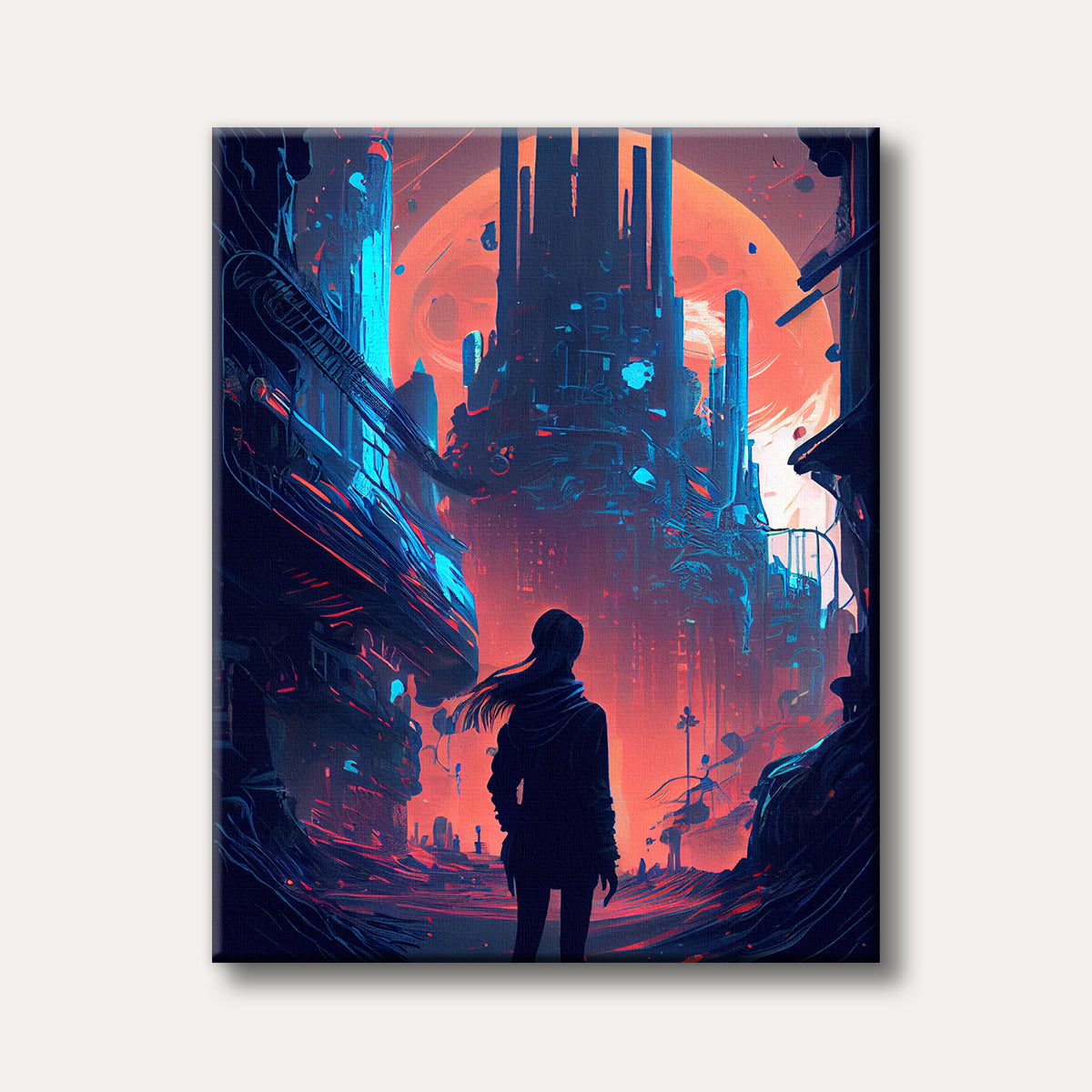 A silhouette of a person standing in a futuristic, neon-lit cyberpunk city under a large, glowing orange planet, depicted in a dramatic, digital art style.