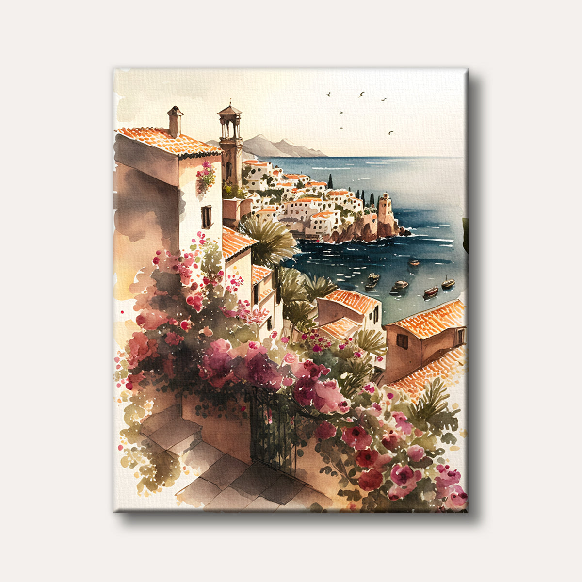 A vibrant watercolour painting of a terraced Mediterranean coastal village with white buildings, terracotta roofs, and blooming pink and red flowers overlooking a blue sea with boats.