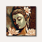 A calming portrait of Buddha with closed eyes and lotus flowers, depicted in a modern, stylized art style with warm and earthy tones.