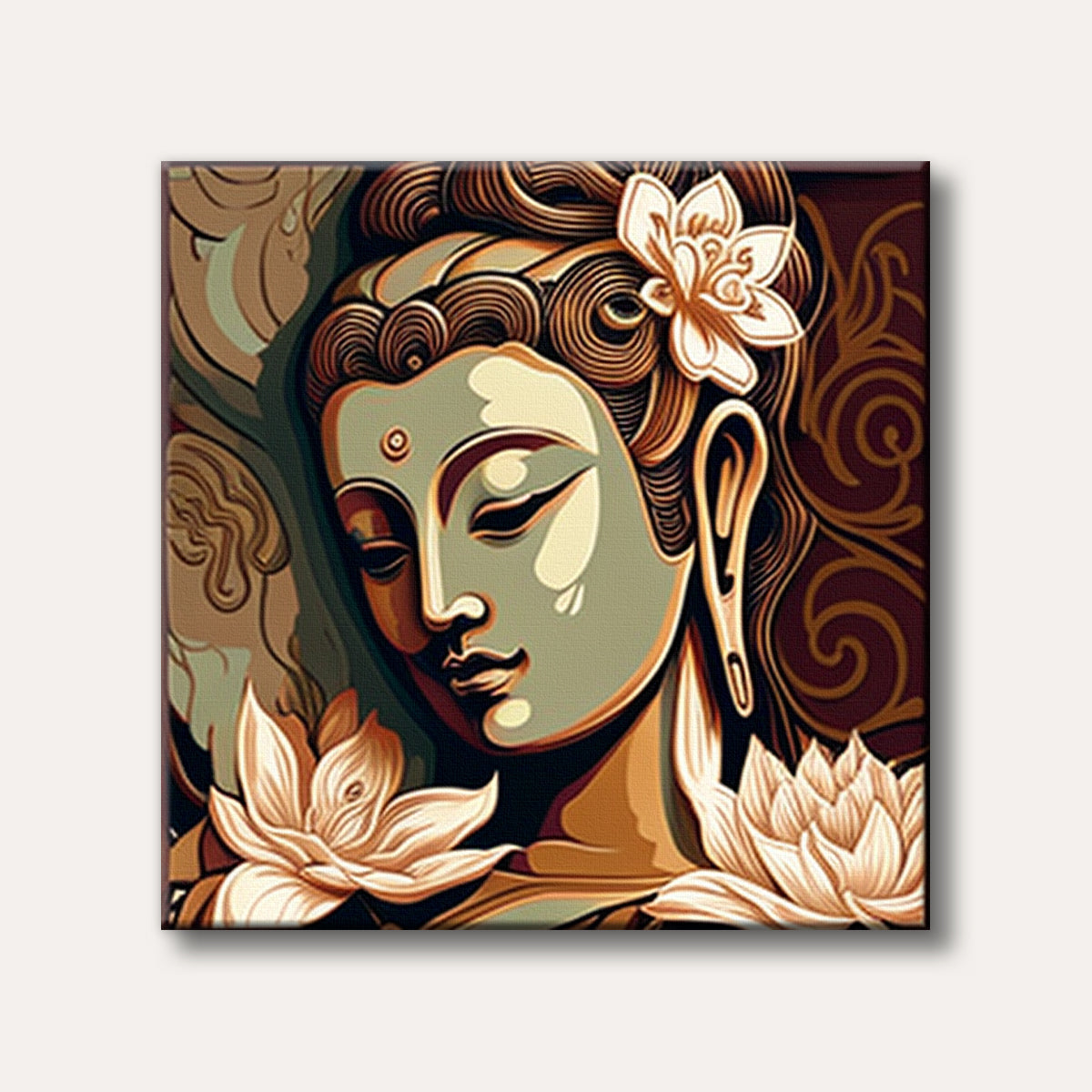 A calming portrait of Buddha with closed eyes and lotus flowers, depicted in a modern, stylized art style with warm and earthy tones.