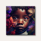A close-up digital painting of a child with dark skin and large, expressive eyes, framed by lush red, purple, and beige flowers, depicting a solemn and introspective mood.