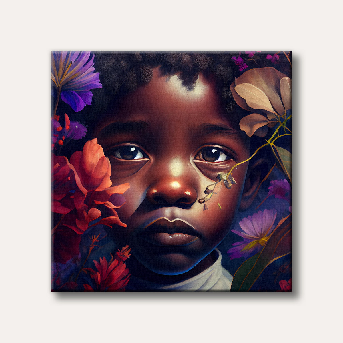 A close-up digital painting of a child with dark skin and large, expressive eyes, framed by lush red, purple, and beige flowers, depicting a solemn and introspective mood.