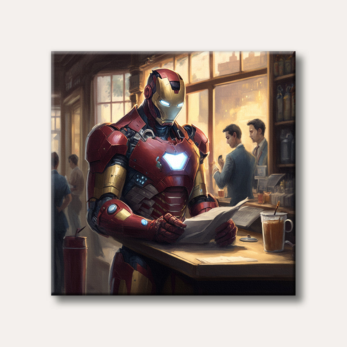 A detailed illustration of Iron Man in his red and gold suit reading a newspaper at a cozy cafe counter, with other patrons and city lights visible outside, rendered in a semi-realistic, comic-inspired style.