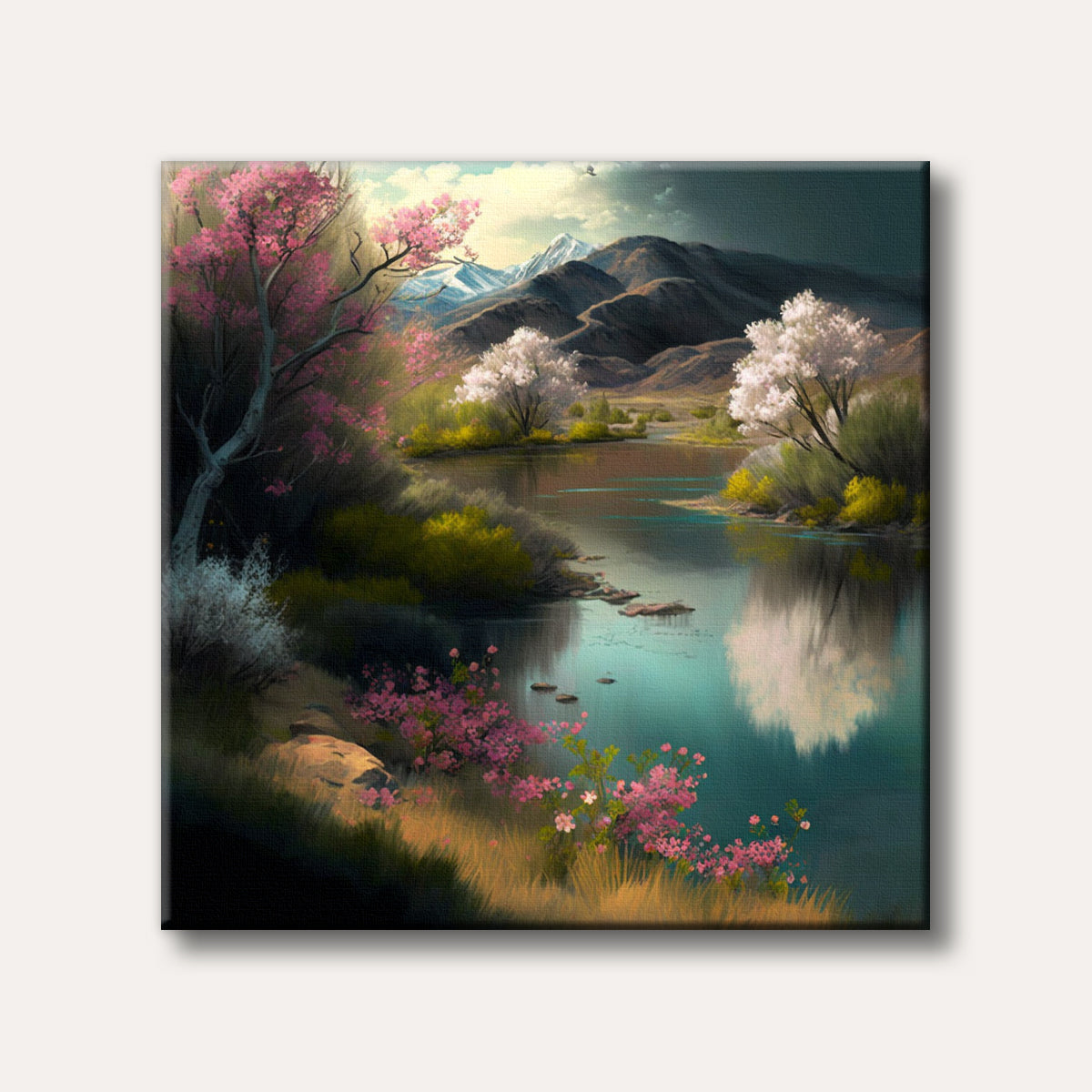 A serene landscape painting featuring a winding river reflecting white and pink blossoming trees, with distant mountains under a cloudy sky.