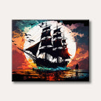 A majestic three-masted sailing ship, silhouetted against a large white moon and a dramatic, fiery orange and red sunset with blue accents, in a unique grunge-splatter art style. Birds fly in the sky, and a lone figure stands on the illuminated shore.