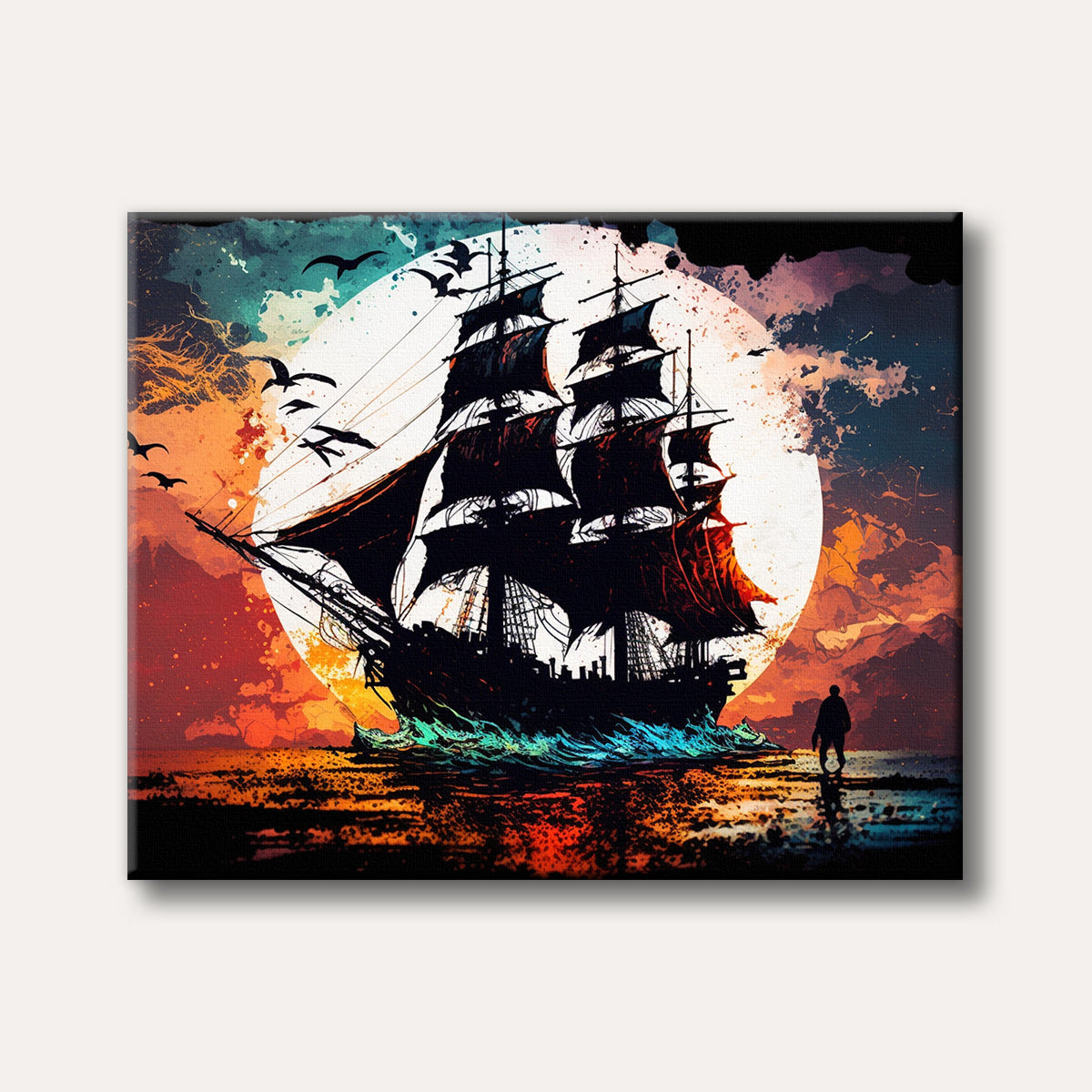 A majestic three-masted sailing ship, silhouetted against a large white moon and a dramatic, fiery orange and red sunset with blue accents, in a unique grunge-splatter art style. Birds fly in the sky, and a lone figure stands on the illuminated shore.