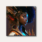A vibrant digital portrait of a dark-skinned woman with elaborate gold and mechanical headwear, featuring glowing blue light on her face and intricate details in an Afrofuturistic style.