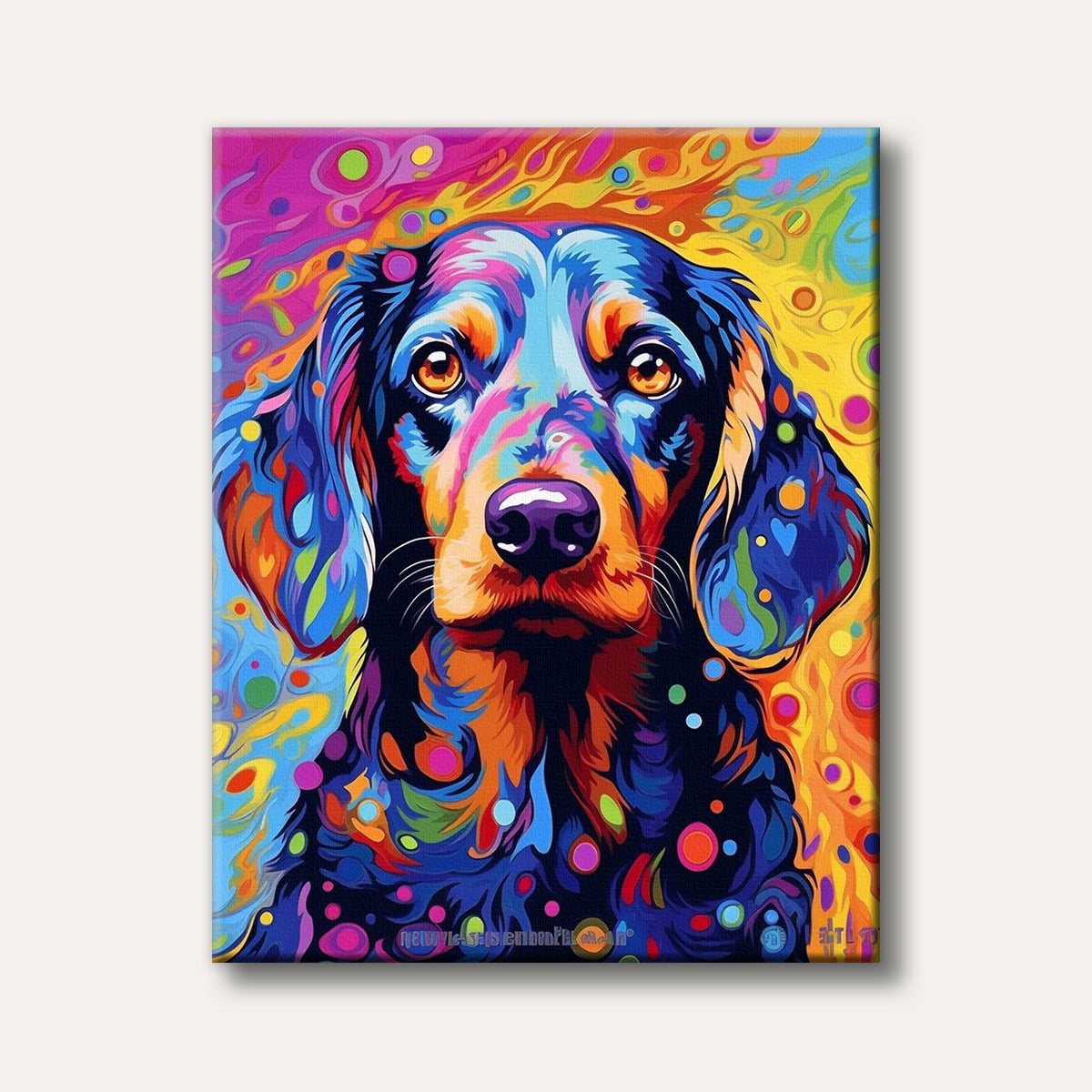 A vibrant and abstract painting of a dog with swirling, psychedelic colours and patterns across its fur, set against a bright, multi-hued background.