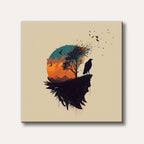 A striking graphic illustration of a raven perched on a dark cliff, silhouetted against an abstract sunset with a tree and colourful splatters, depicted in a modern, artistic style.