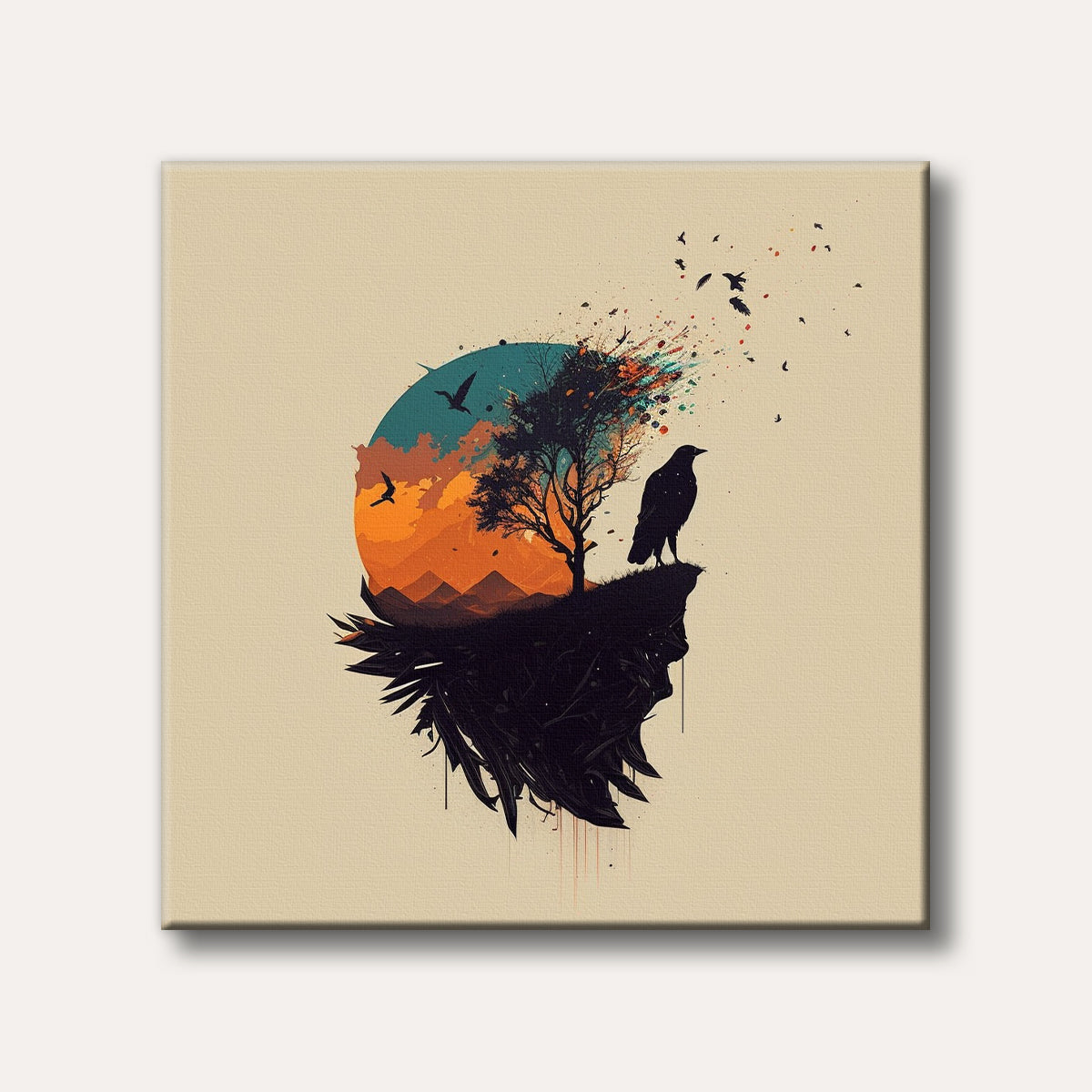 A striking graphic illustration of a raven perched on a dark cliff, silhouetted against an abstract sunset with a tree and colourful splatters, depicted in a modern, artistic style.