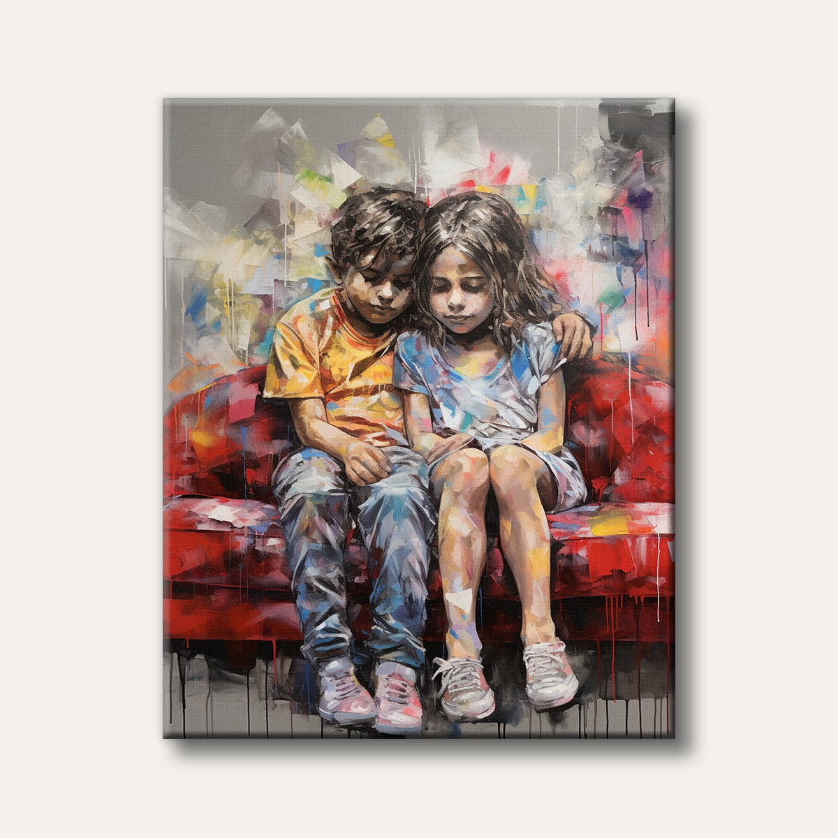 An expressive painting of two children, a boy and a girl, sitting close on a vibrant red sofa, rendered in a modern abstract style with a comforting mood.