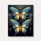 Two intricately detailed butterflies with golden bodies and blue and gold wings adorned with sparkling jewels and ornate patterns, set against a dark, mystical background of golden gears and chains.