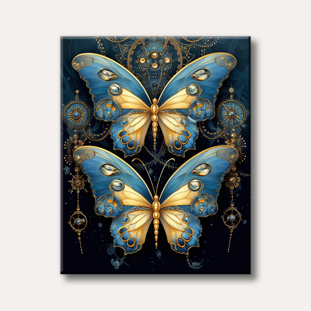 Two intricately detailed butterflies with golden bodies and blue and gold wings adorned with sparkling jewels and ornate patterns, set against a dark, mystical background of golden gears and chains.
