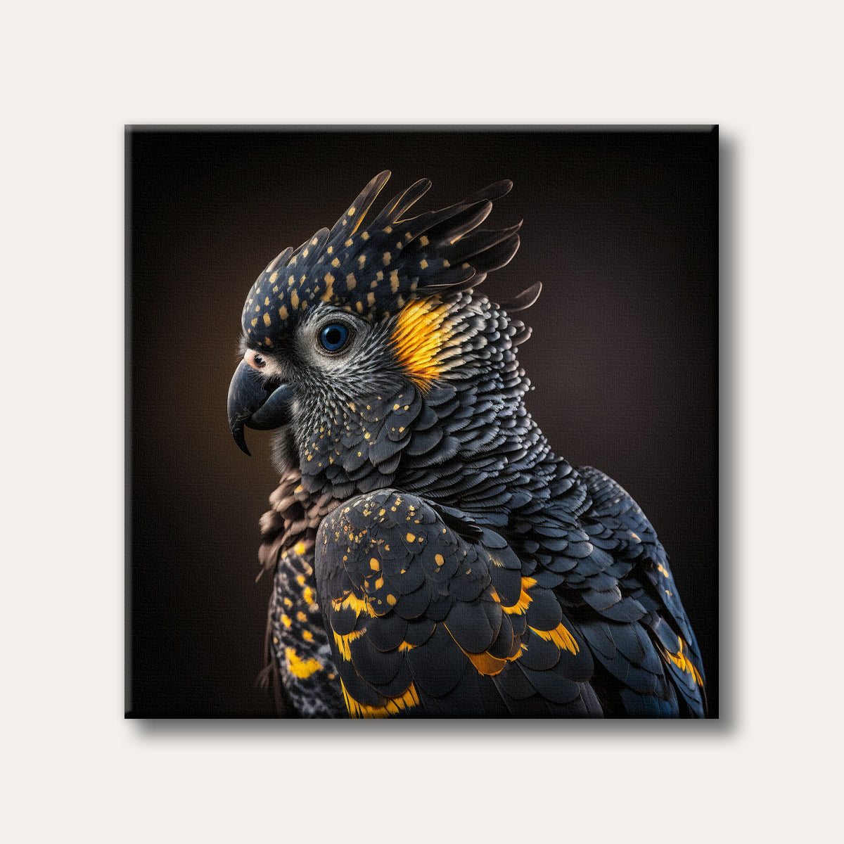 A detailed, realistic close-up portrait of a black cockatoo with striking yellow feathers and a bright blue eye against a dark background, showcasing its majestic presence.