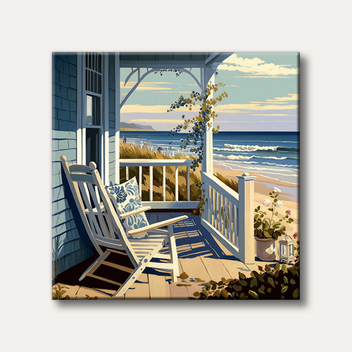 A serene view from a coastal porch, featuring a white rocking chair with a blue and white patterned pillow, overlooking a sandy beach with crashing waves and a distant coastline, rendered in a bright, inviting painterly style.