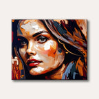 A striking close-up abstract portrait of a woman with dark hair and eyes, featuring bold, expressive brushstrokes in shades of brown, orange, red, and blue, creating a vibrant and artistic mood.